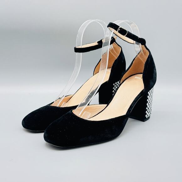J Crew Shoes Womens 8.5 Velvet Block Heel Ankle Strap Crystal Embellished Pumps - Picture 4 of 12